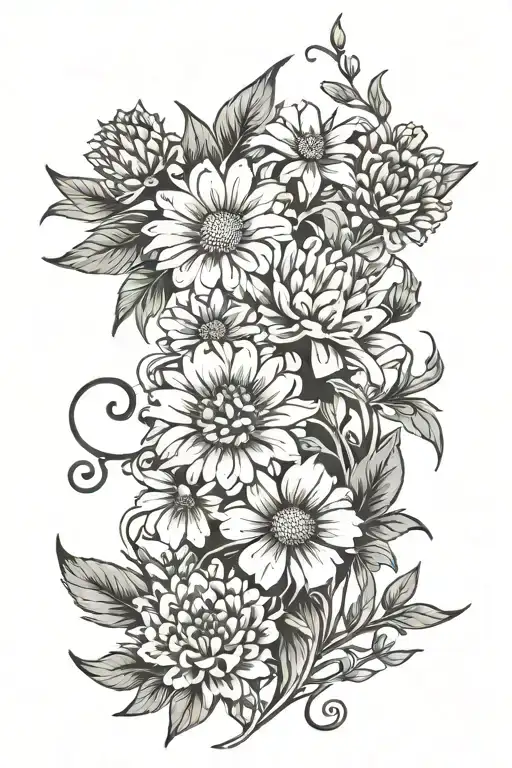 . vine of one marigold two honeysuckles one mum and one daisy intertwined tattoo design idea