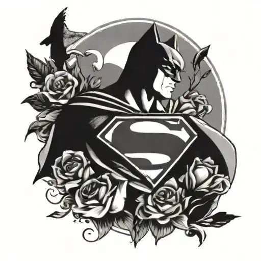 Get a very sweet tattoo that features the superman logo and batman emblem with some sweet flowers and birds. tattoo design idea