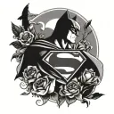 Get a very sweet tattoo that features the superman logo and batman emblem with some sweet flowers and birds. tattoo design idea