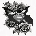 Get a very sweet tattoo that features the superman logo and batman emblem with some sweet flowers and birds. tattoo design idea