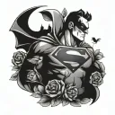 Get a very sweet tattoo that features the superman logo and batman emblem with some sweet flowers and birds. tattoo design idea