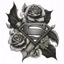 Get a very sweet tattoo that features the superman logo and batman emblem with some sweet flowers and birds. tattoo design idea