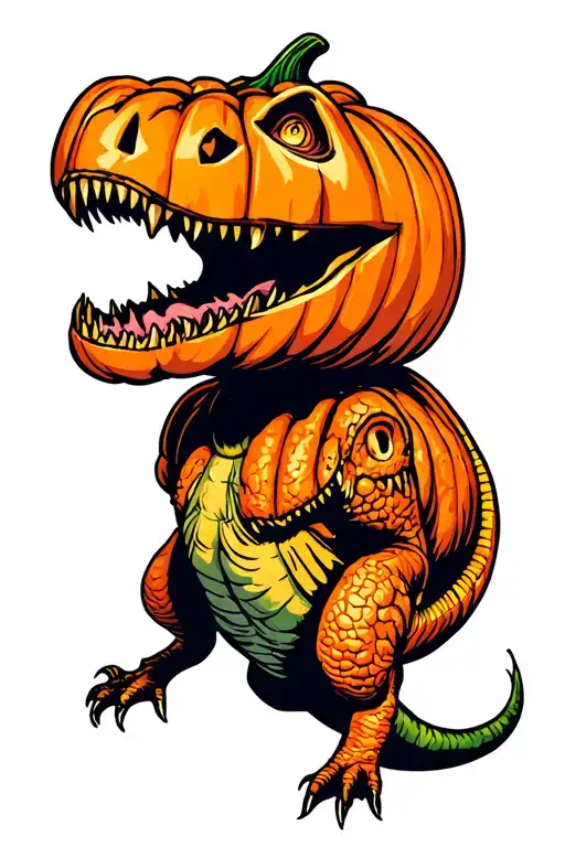 trex wearing a carved pumpkin mask tattoo design idea