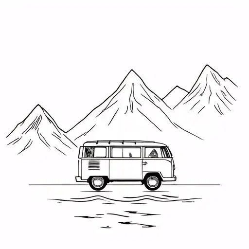 VW Bus Model T3 Hochdach, mountains, water, volleyball tattoo design idea