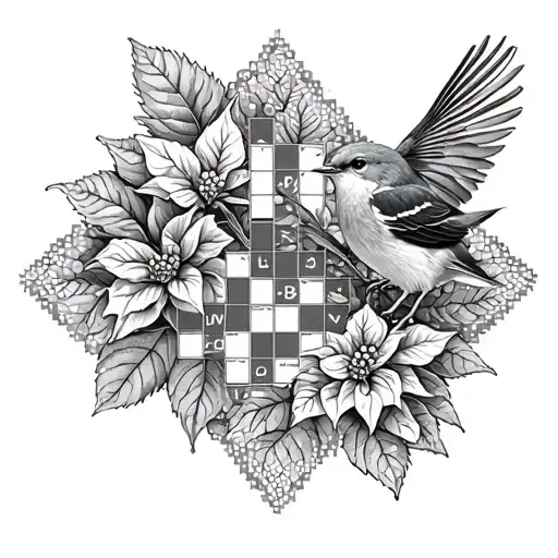 A crossword puzzle grid with each square containing a different bird species and a poinsettia pattern border tattoo design idea