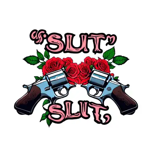 "slut" two guns and roses tattoo design idea