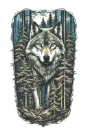 wolf blue eyes howling forest landscape tattoo design idea