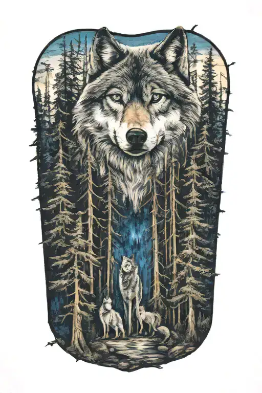 wolf blue eyes howling forest landscape tattoo design idea