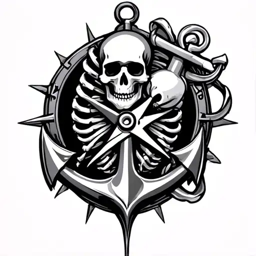 skeleton, compass, and anchor intertwined tattoo design idea
