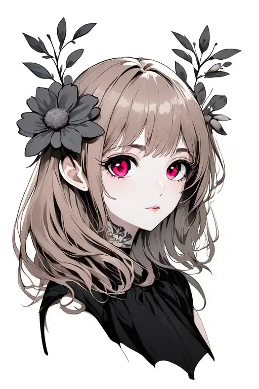 Anime girl with long, wavy beige hair, decorated with gray flowers gently placed on her head. She has big ruby eyes that tattoo design idea