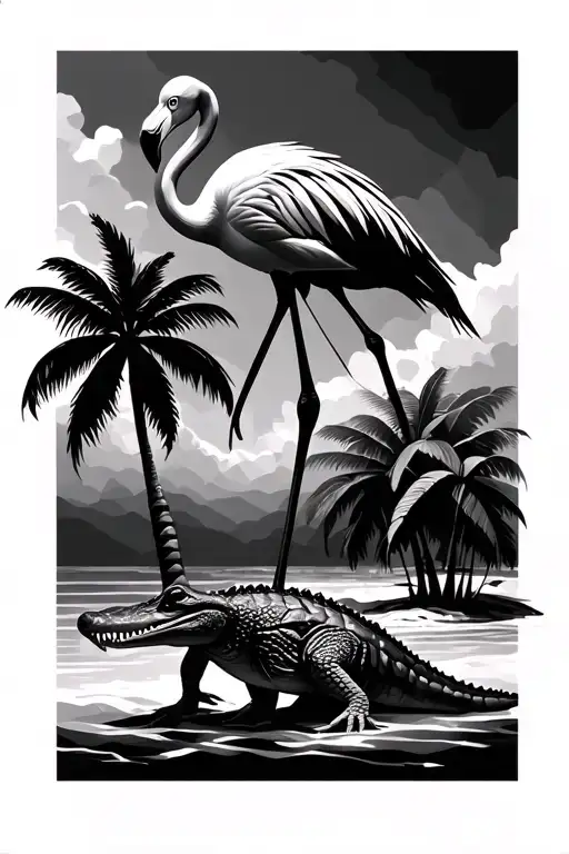 flamingo on top of alligator palm trees beach themed in geometric rhombis design  tattoo design idea