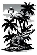 flamingo on top of alligator palm trees beach themed in geometric rhombis design  tattoo design idea