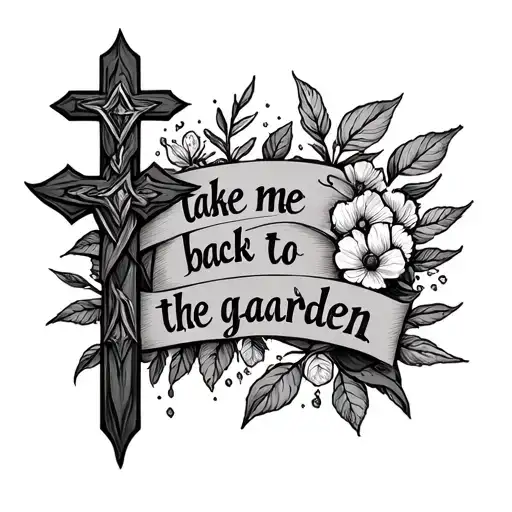 cross with the words "take me back to the garden" tattoo design idea