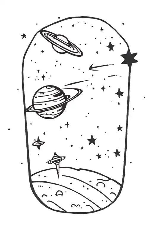 galactic scene with a comet, nebula, ringed planet, stars, a tiny starship in the distance, and stardust tattoo design idea