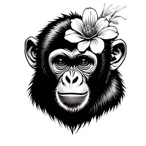 Monkey with a flower on the head emerging tattoo design idea