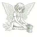 an angelic girl with big eyes, sitting on the ground, solving a Rubik's cube, with wings behind her tattoo design idea