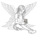 an angelic girl with big eyes, sitting on the ground, solving a Rubik's cube, with wings behind her tattoo design idea