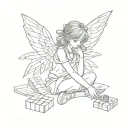an angelic girl with big eyes, sitting on the ground, solving a Rubik's cube, with wings behind her tattoo design idea