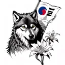 wolf with a big korean flag waving and a lily flower blooming tattoo design idea