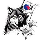 wolf with a big korean flag waving and a lily flower blooming tattoo design idea