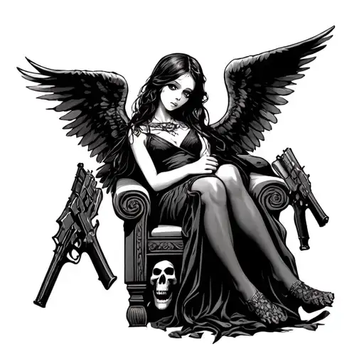 gothic girl black winged angel holding guns on a throne made of skulls tattoo design idea
