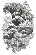 waves, clouds and flowers japanese style tattoo design idea