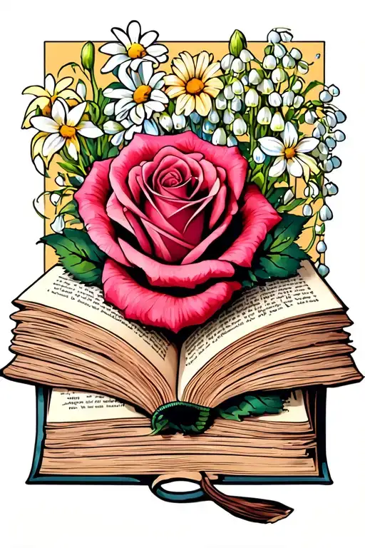 open book with pages turning, with a rose, daisy, lily of the valley, gladiolus tattoo design idea