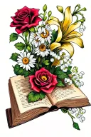 open book with pages turning, with a rose, daisy, lily of the valley, gladiolus tattoo design idea