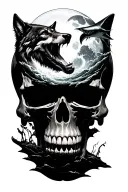 a wolf howling at the moon inside the eye of a skeleton skull with a shark swimming around in the other eye tattoo design idea