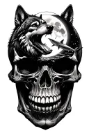 a wolf howling at the moon inside the eye of a skeleton skull with a shark swimming around in the other eye tattoo design idea