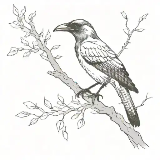 wattle tree with raven and pied currawong perching tattoo design idea