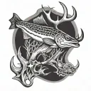 Antler deer fish hook water tattoo design idea