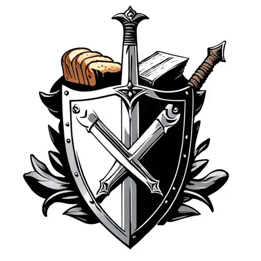shield with bread as a crest, sword with Bible as the hilt behind the shield tattoo design idea