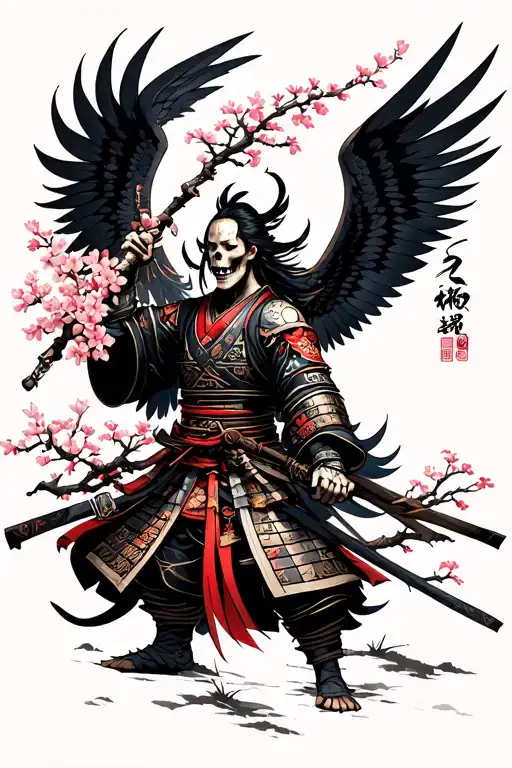 Sakura tree, samurai warrior, death angel tattoo design idea