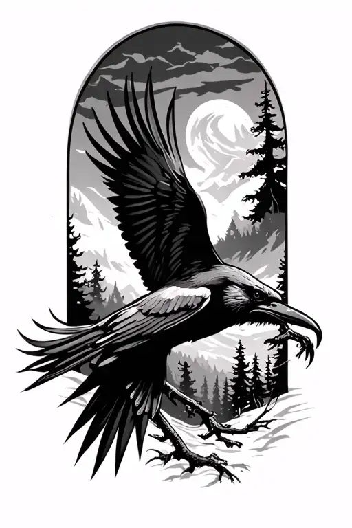 evil crow flying in forest landscape tattoo design idea