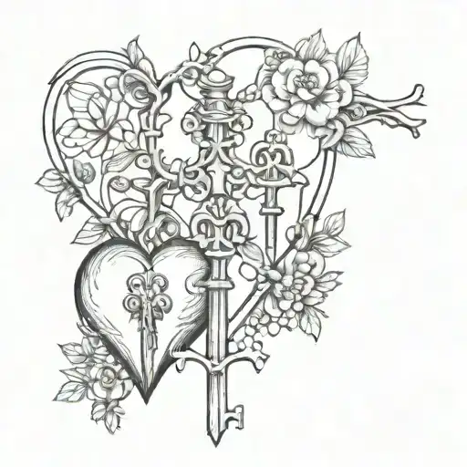 skeleton key with anatomical heart tattoo design idea