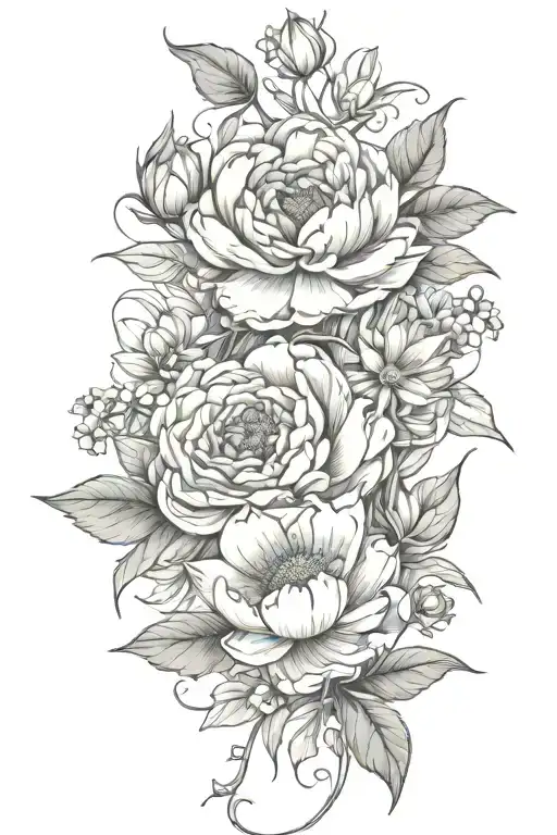 peony, daisy, lotus, rose, myosotis, simple, vine wrapping tattoo design idea