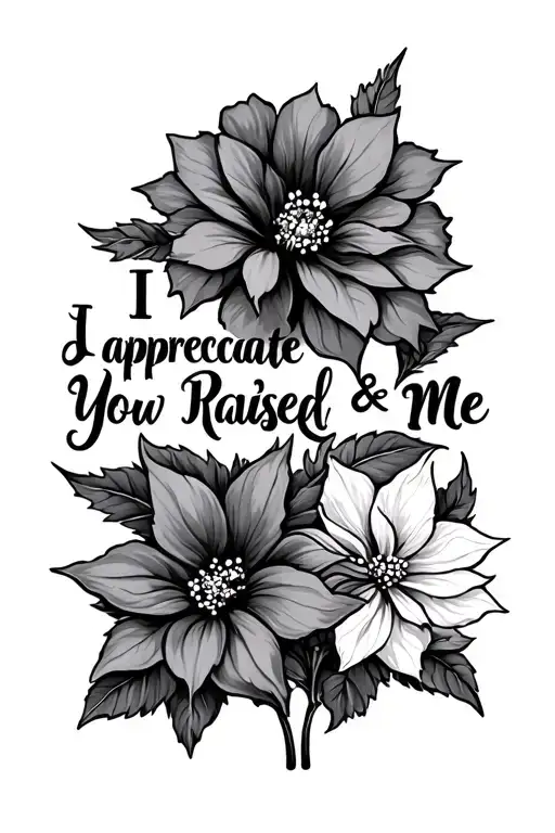 "I appreciate how you raised me" 1 carnation flower 1 Alaina clematis flower 1 poinsettia flower no stem next to eachother tattoo design idea
