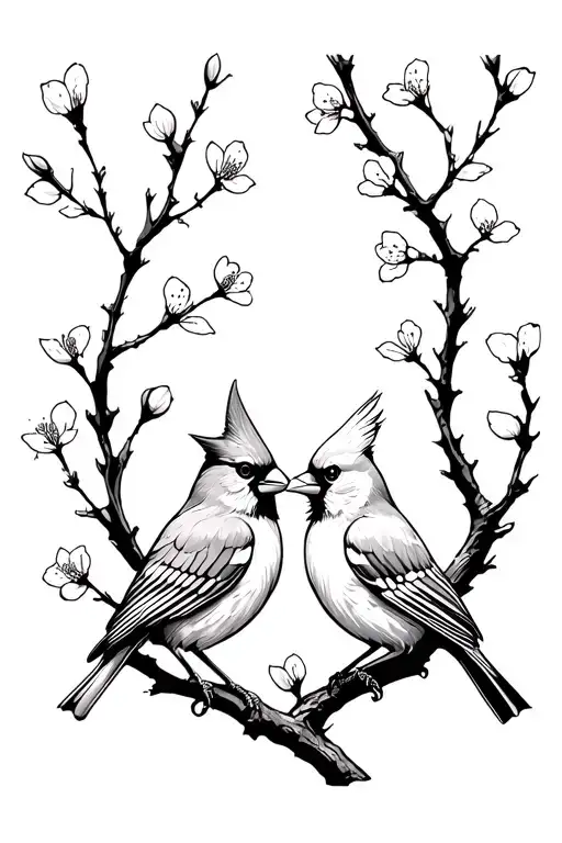 A male cardinal and a female cardinal looking at each other sitting on one cherry blossom branch tattoo design idea