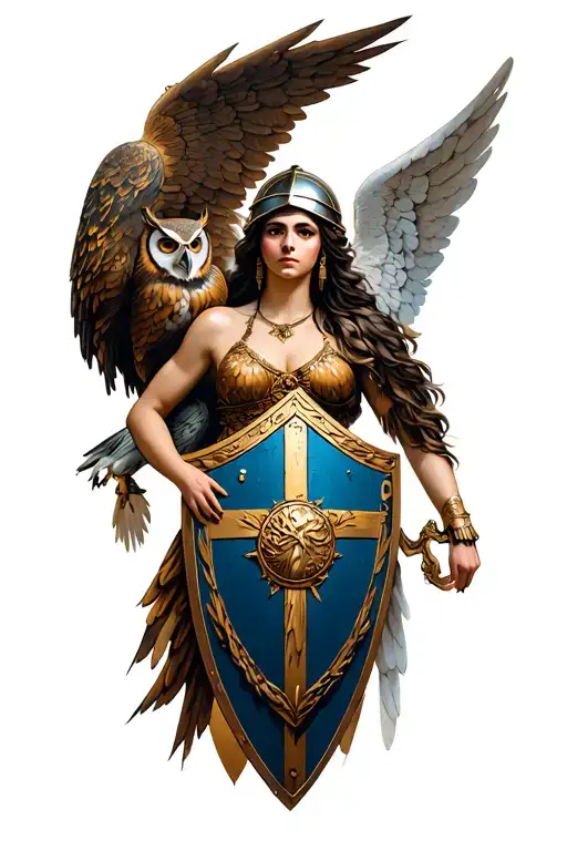 Deese Athena + her owl + Greek shield + Corinthian helmet + Angel wing tattoo design idea