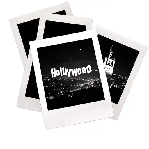 Polaroid frames with night scapes of La and Hollywood sign tattoo design idea