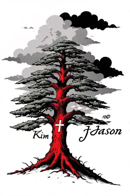 a dead red pine tree with clouds in the background with the name, Kim and Jason in cursive and a cross tattoo design idea