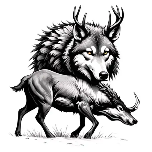 deer being hunted by wolf in the forest tattoo design idea