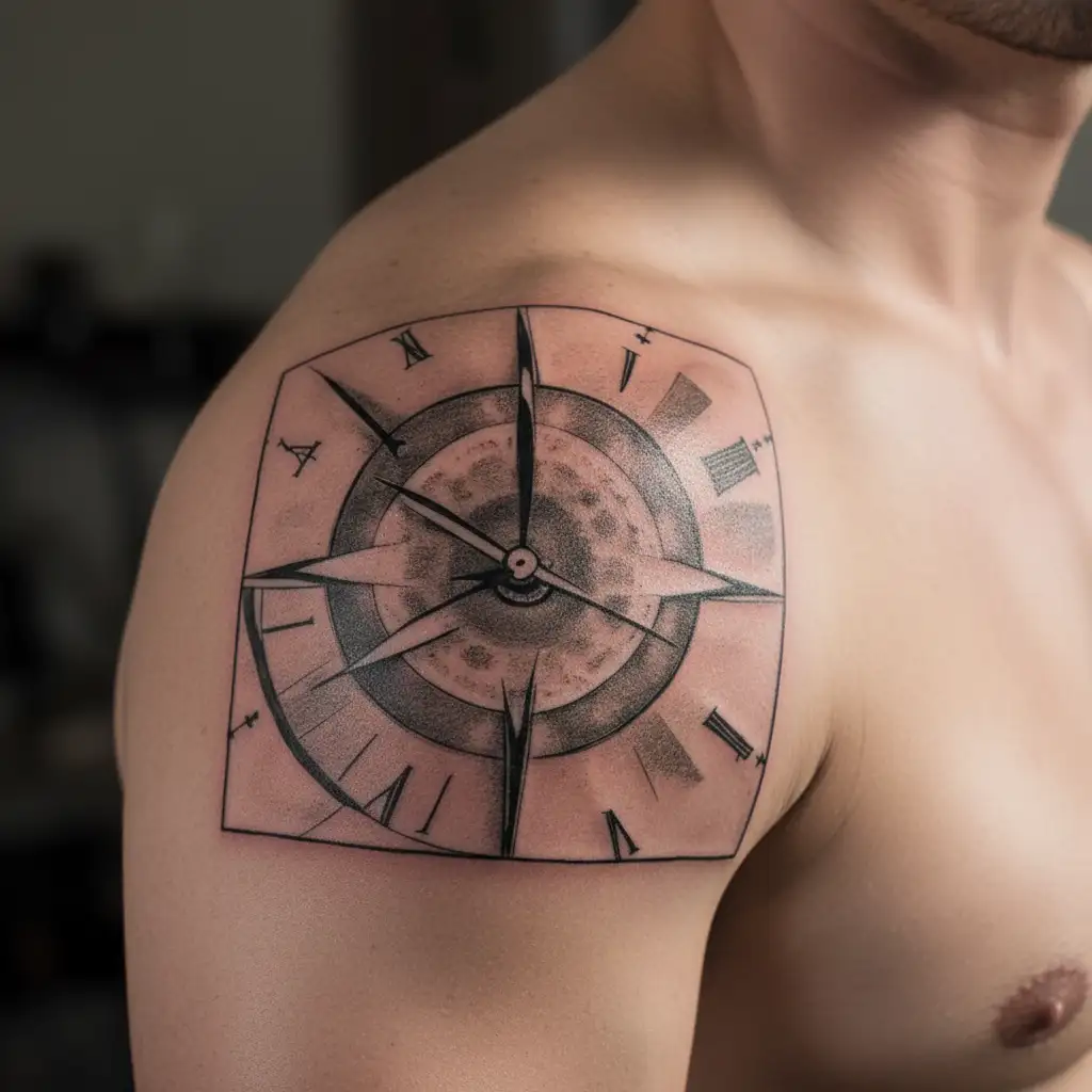 clock made of a sun, with Roman numerals and a moon in it tattoo design idea