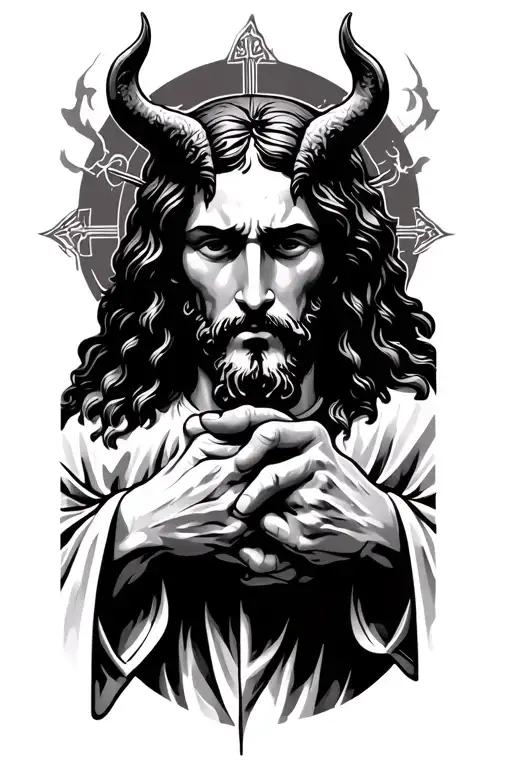 Jesus Christ holding hands with the devil tattoo design idea