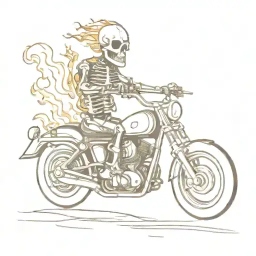 A sketch of a flaming skeleton riding a motorcycle with a guitar strapped to its back tattoo design idea