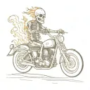 A sketch of a flaming skeleton riding a motorcycle with a guitar strapped to its back tattoo design idea