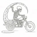 A sketch of a flaming skeleton riding a motorcycle with a guitar strapped to its back tattoo design idea