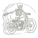 A sketch of a flaming skeleton riding a motorcycle with a guitar strapped to its back tattoo design idea