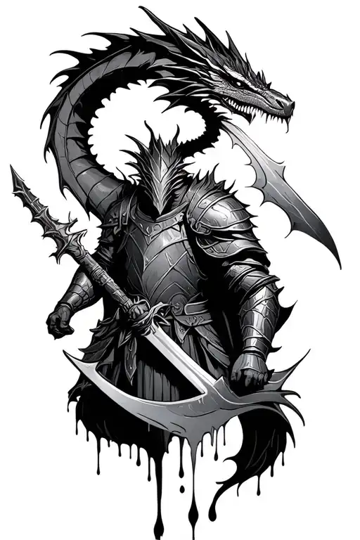Outer Forearm, dragon and a dripped out knight with a cool weapon like dark souls tattoo design idea